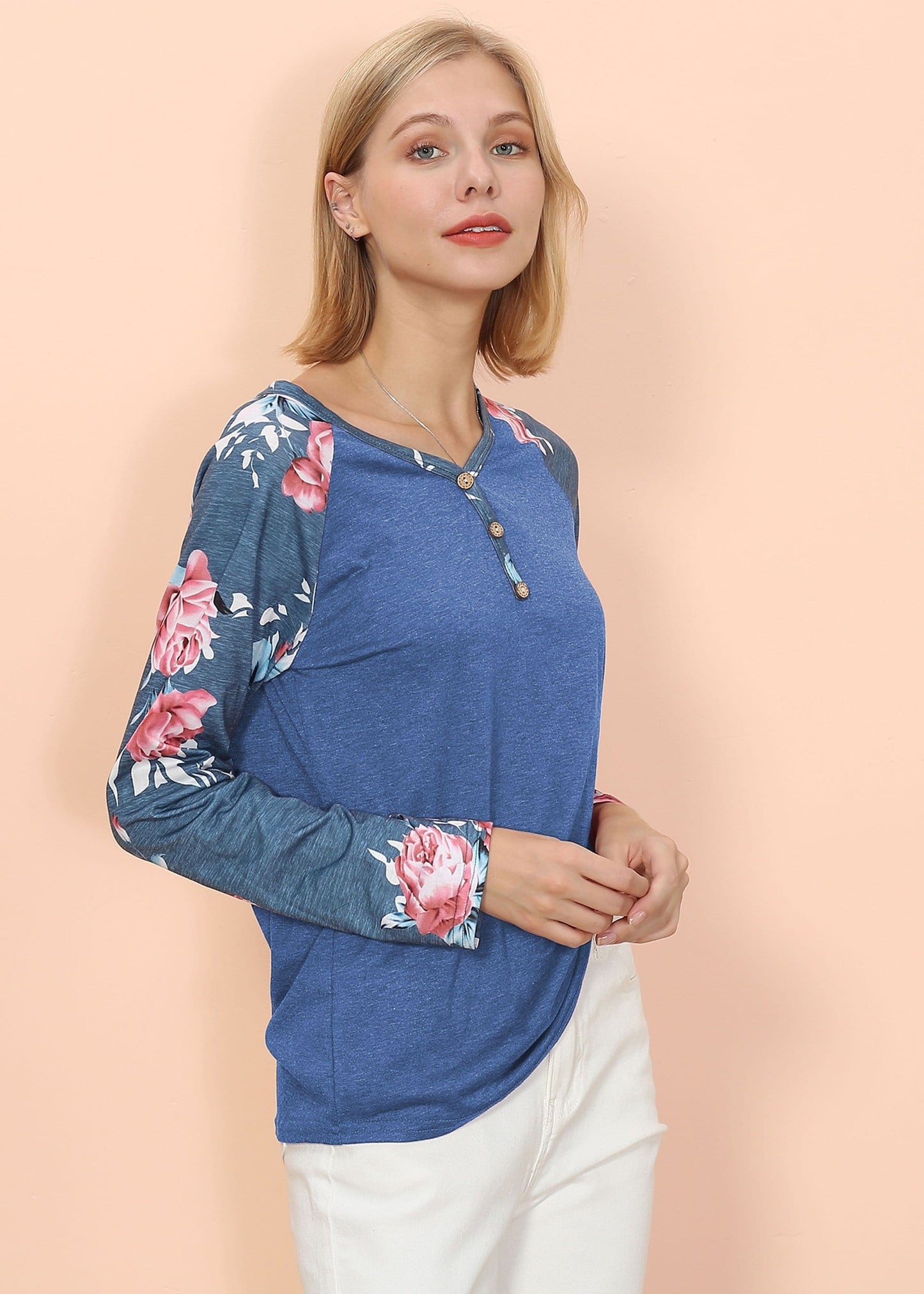 Floral Print Henley Long Sleeve Top