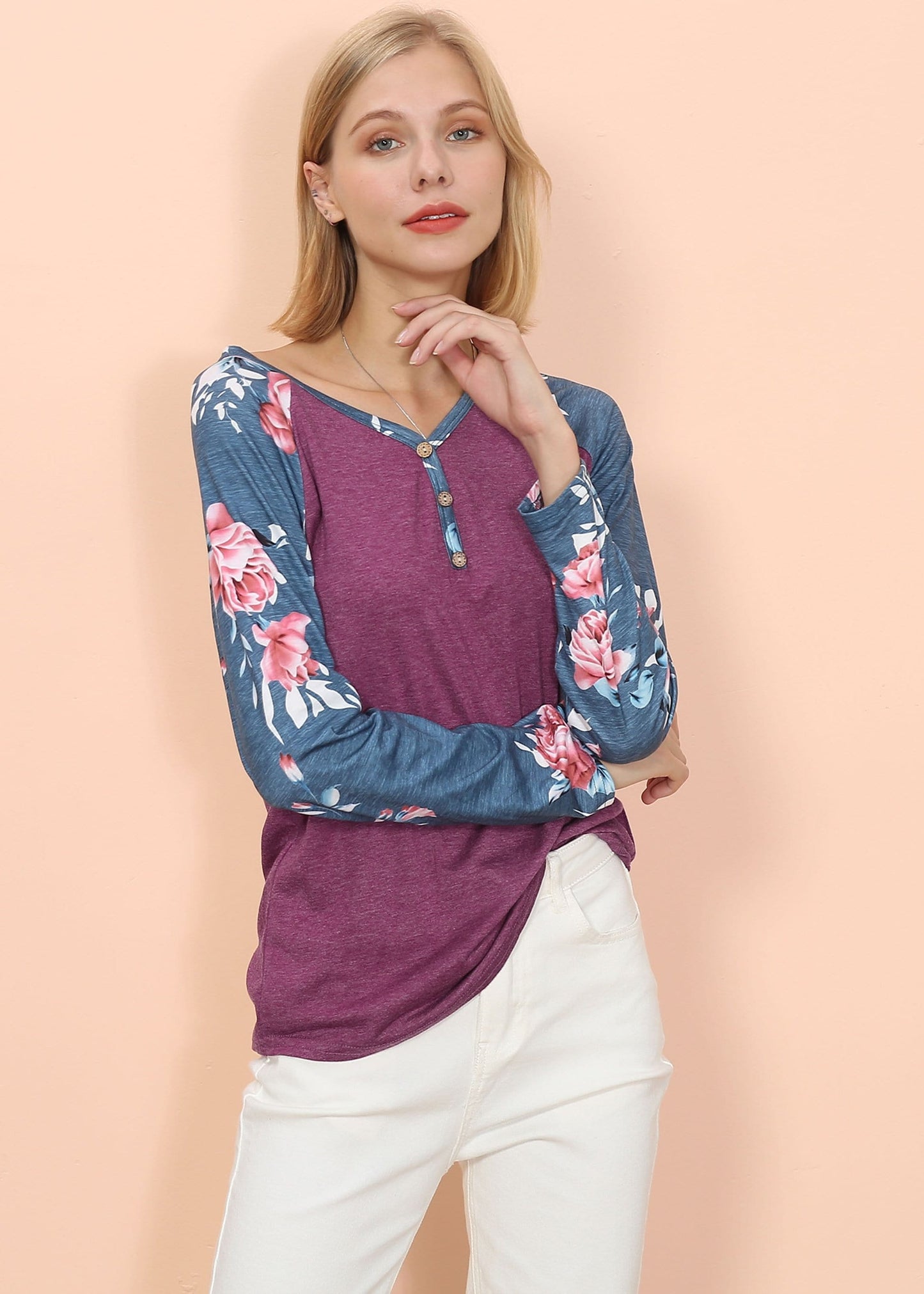 Floral Print Henley Long Sleeve Top