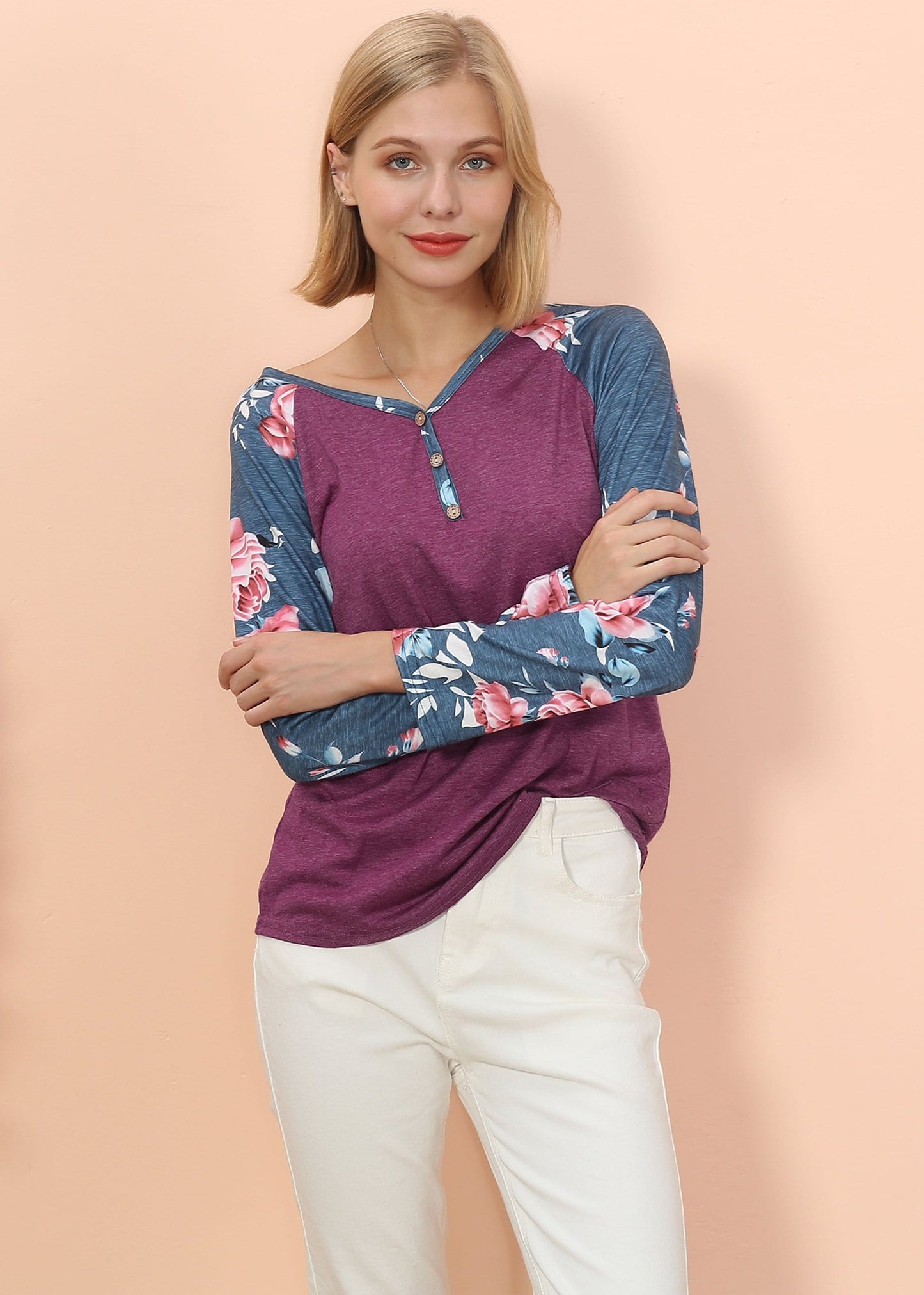 Floral Print Henley Long Sleeve Top