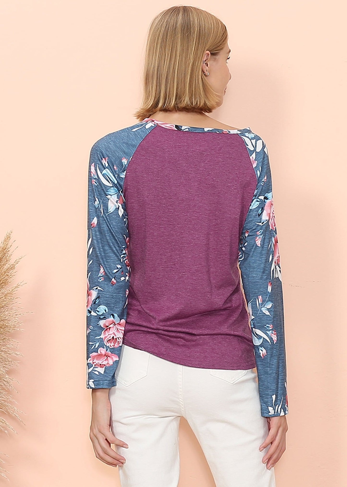 Floral Print Henley Long Sleeve Top