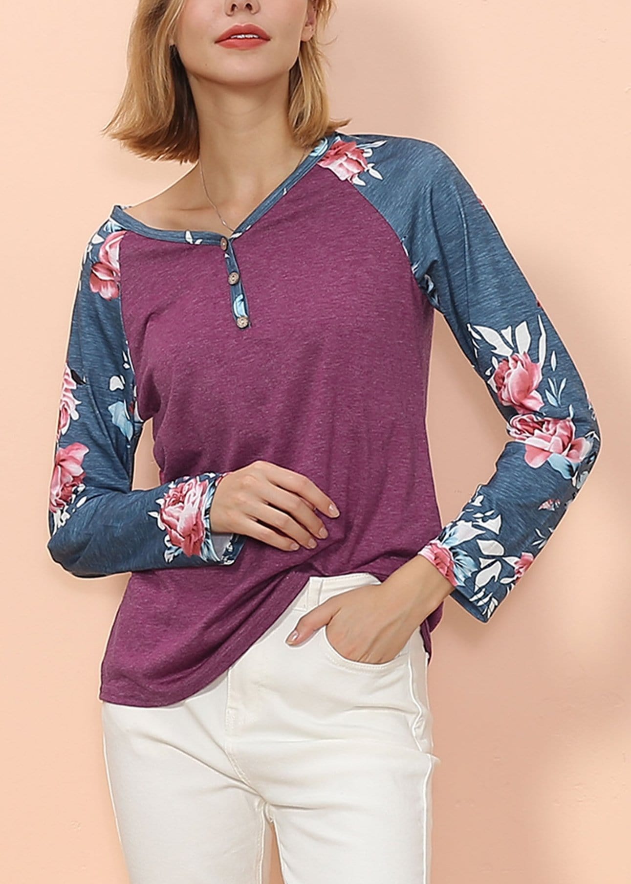 Floral Print Henley Long Sleeve Top