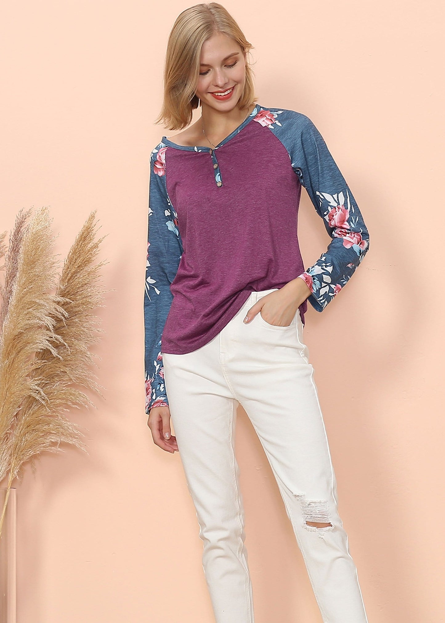 Floral Print Henley Long Sleeve Top