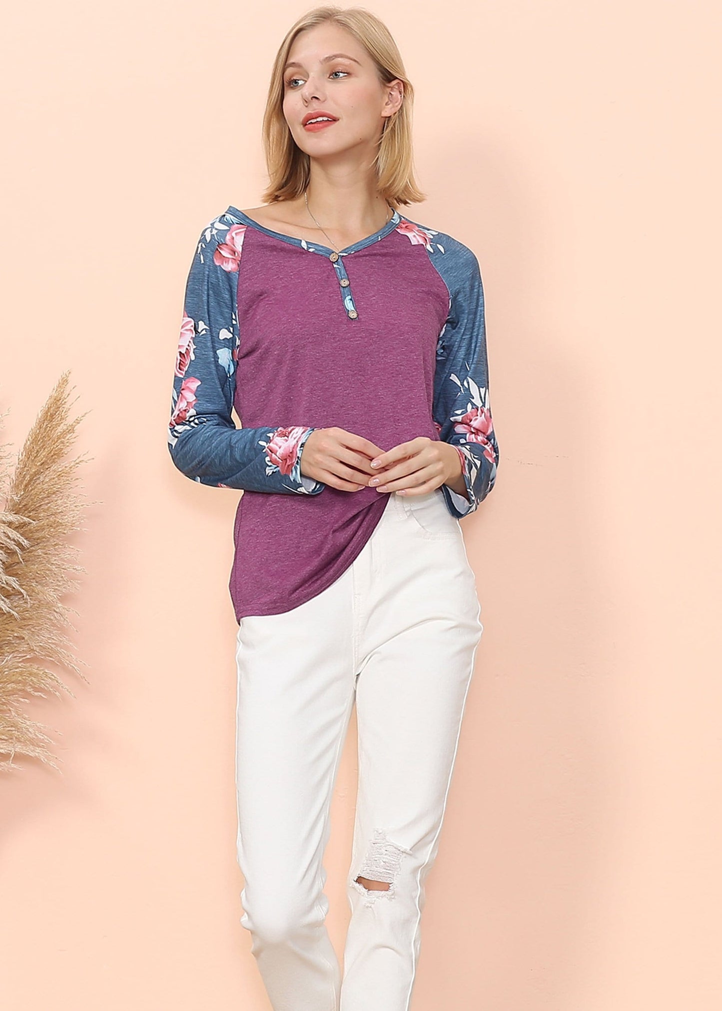 Floral Print Henley Long Sleeve Top