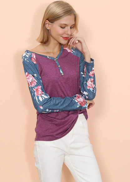 Floral Print Henley Long Sleeve Top