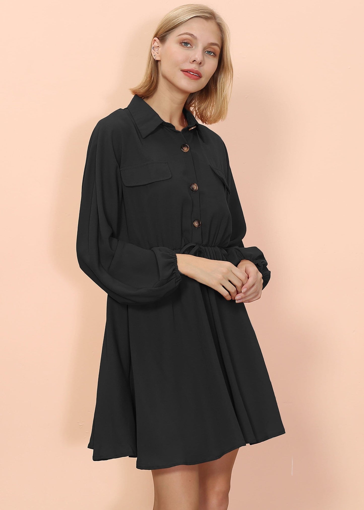 Button Collared Lantern Sleeve Ruffle Dress