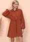 Button Collared Lantern Sleeve Ruffle Dress