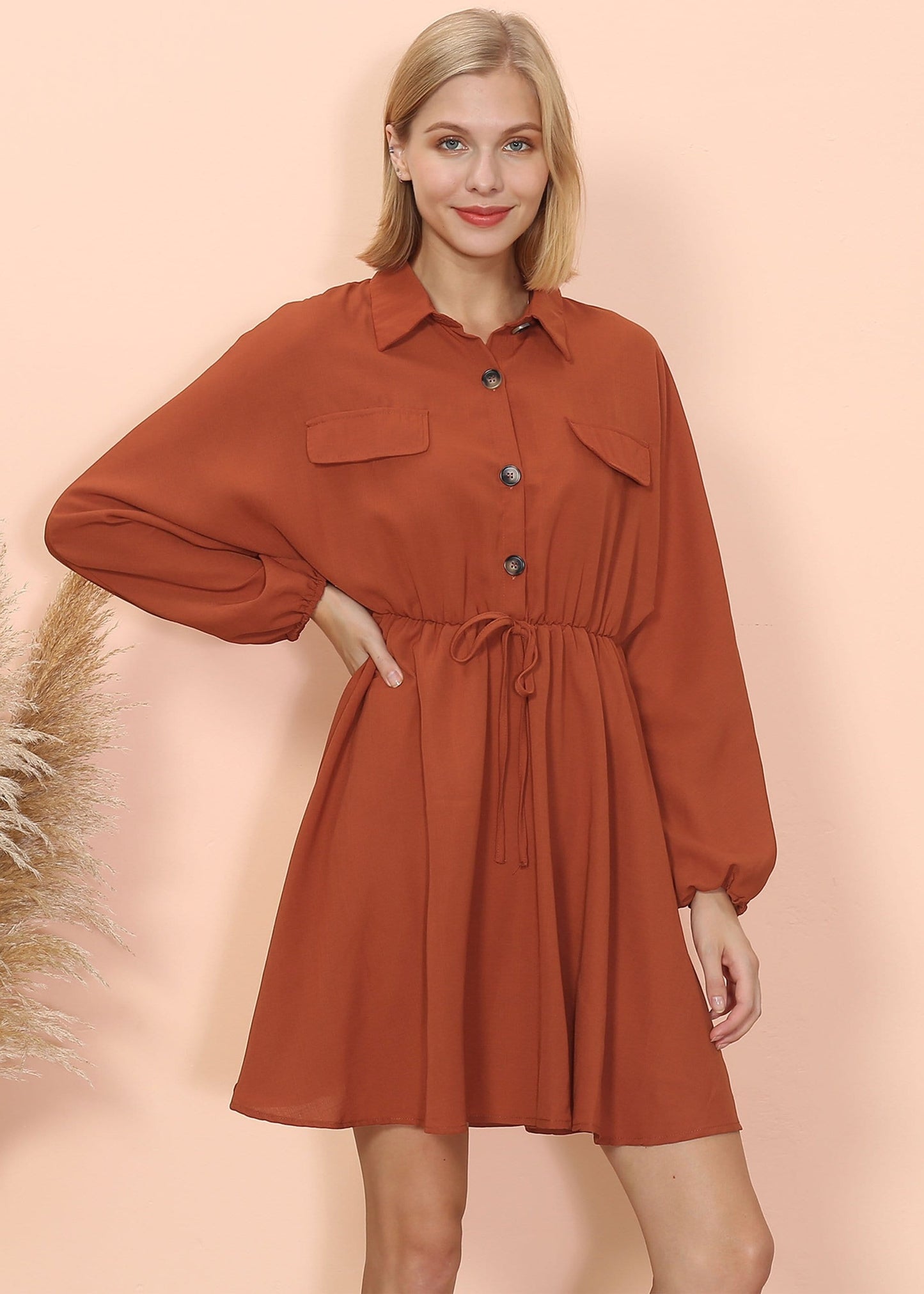 Button Collared Lantern Sleeve Ruffle Dress