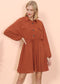 Button Collared Lantern Sleeve Ruffle Dress