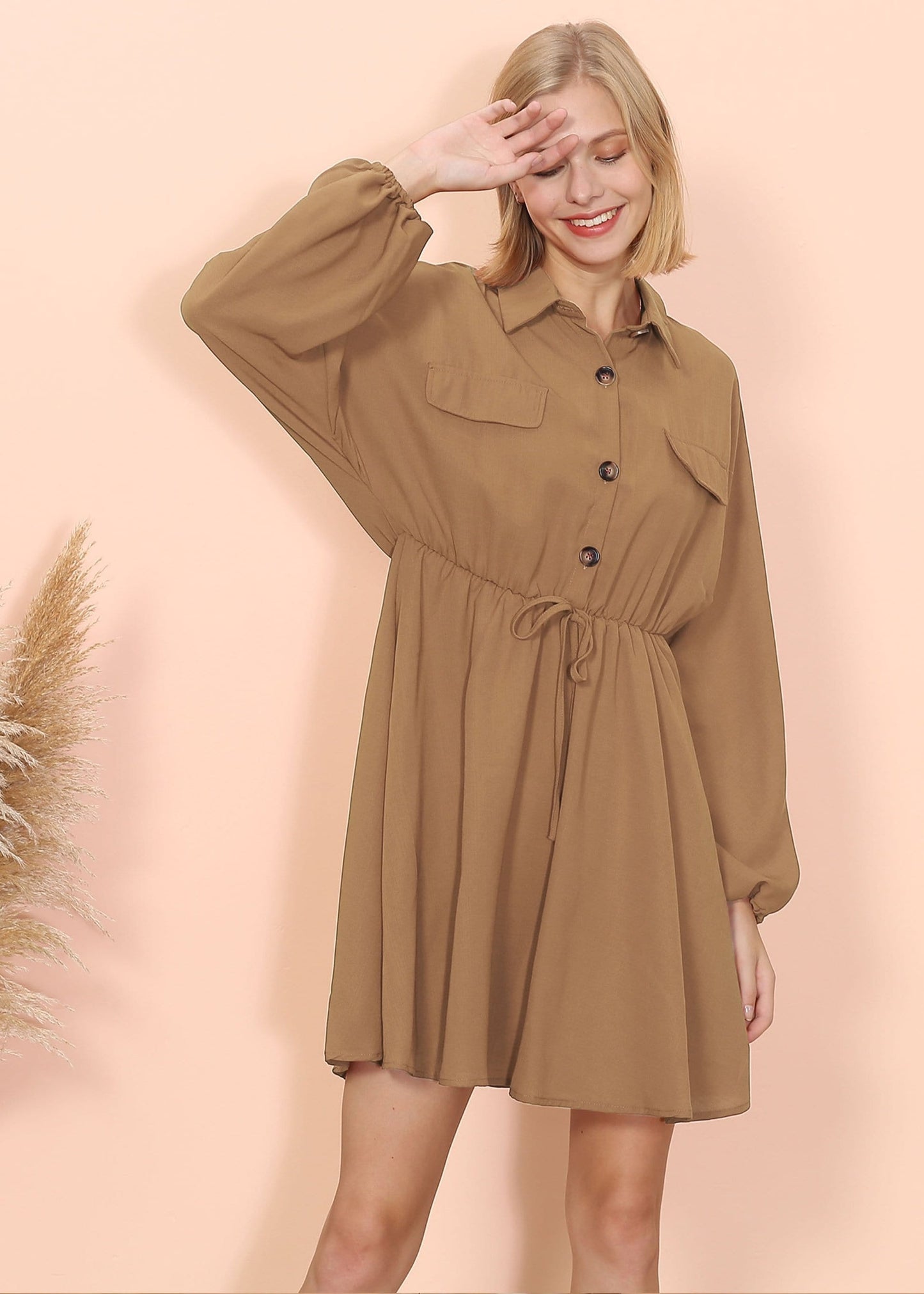 Button Collared Lantern Sleeve Ruffle Dress