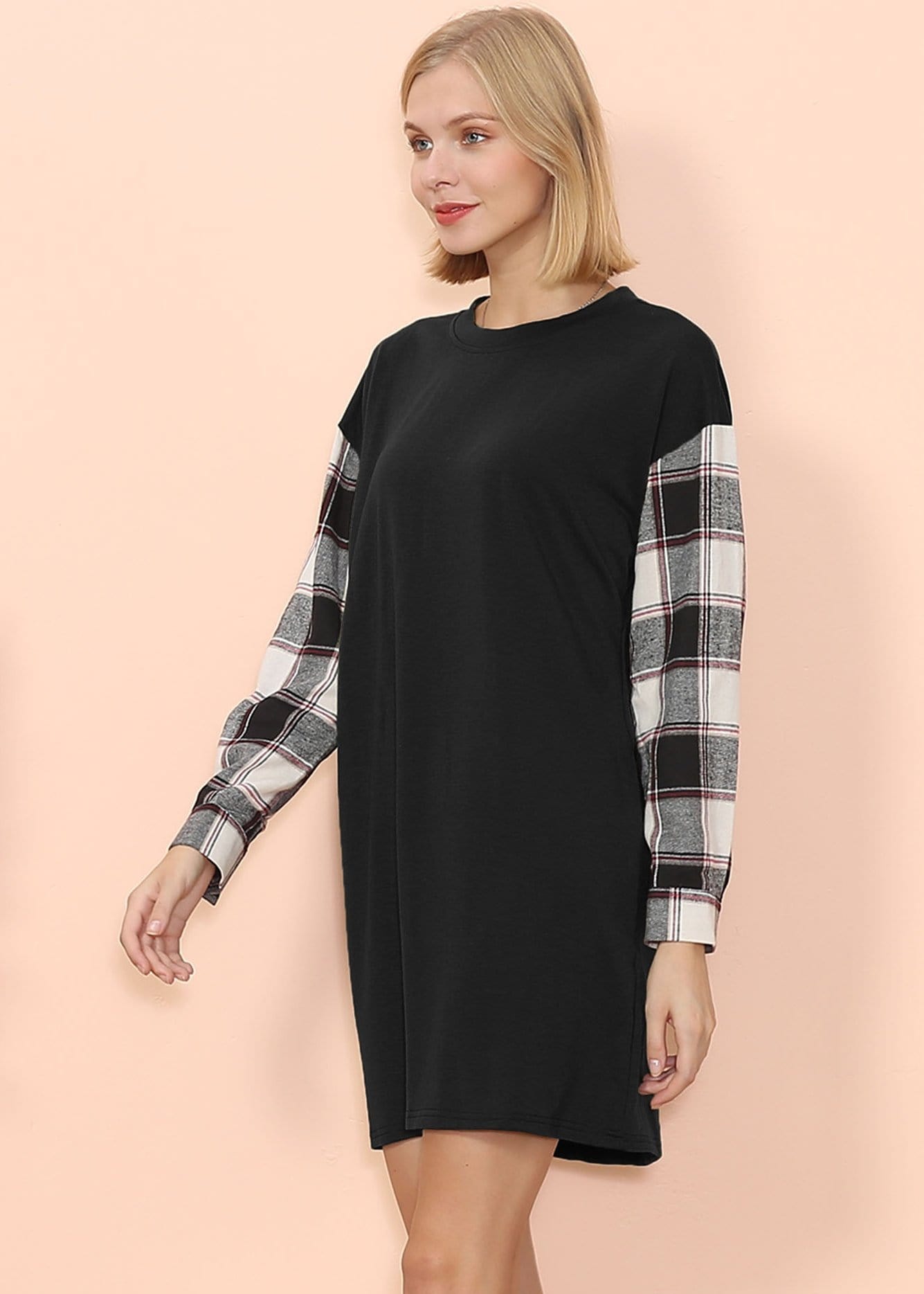 Long Sleeve Plaid Print T-Shirt Dress