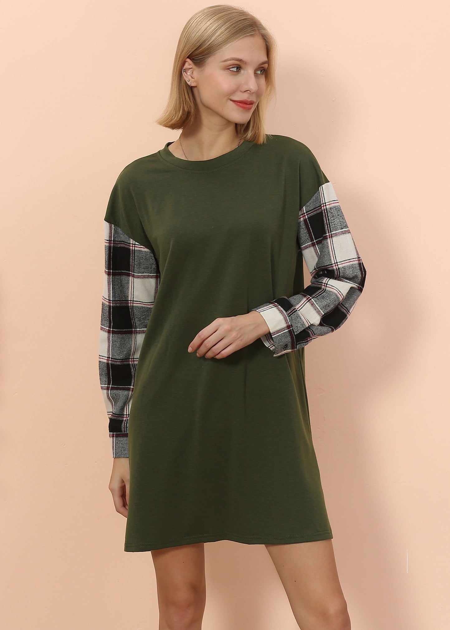 Long Sleeve Plaid Print T-Shirt Dress