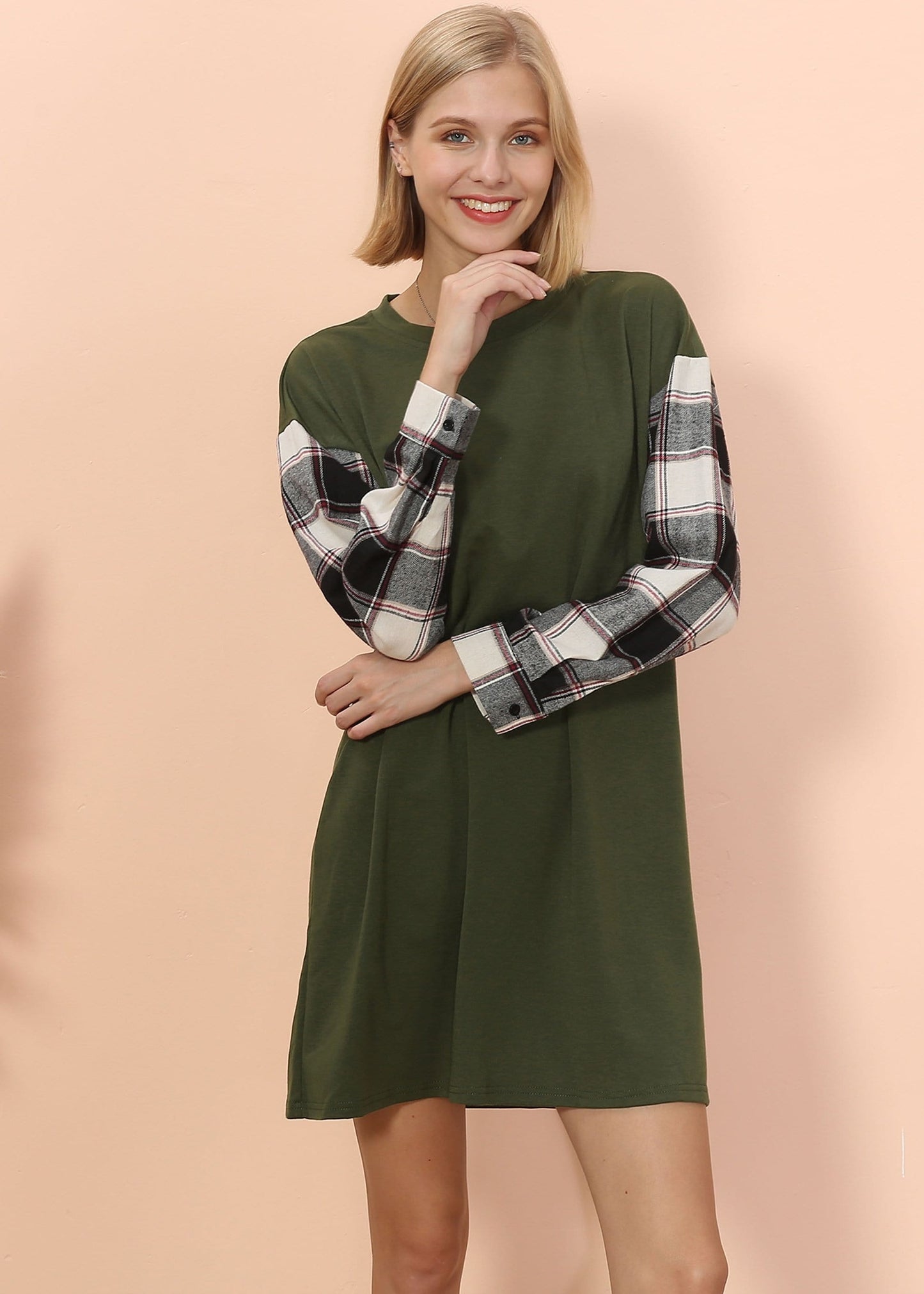 Long Sleeve Plaid Print T-Shirt Dress