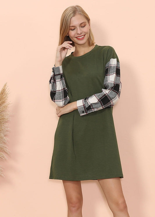 Long Sleeve Plaid Print T-Shirt Dress