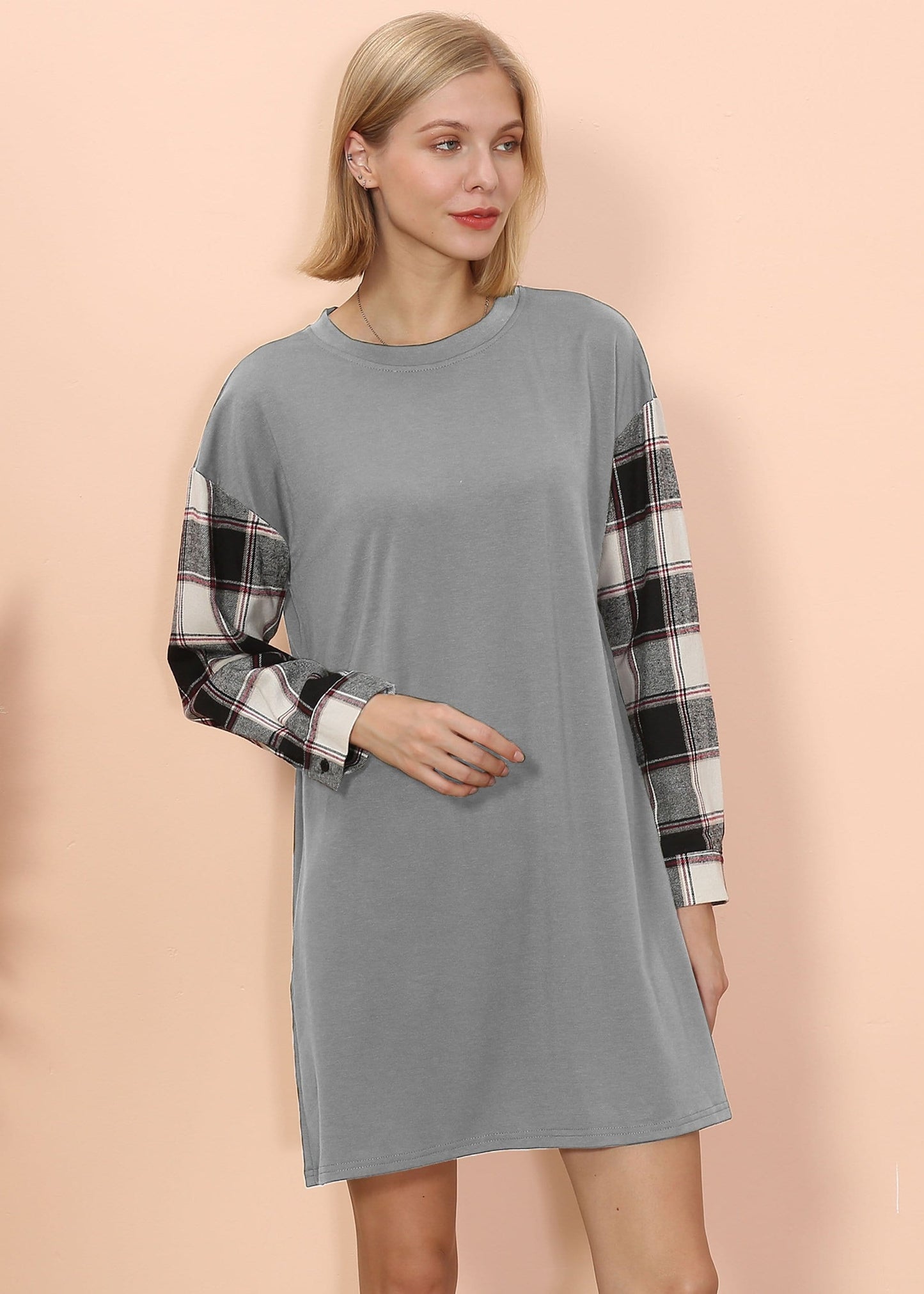 Long Sleeve Plaid Print T-Shirt Dress