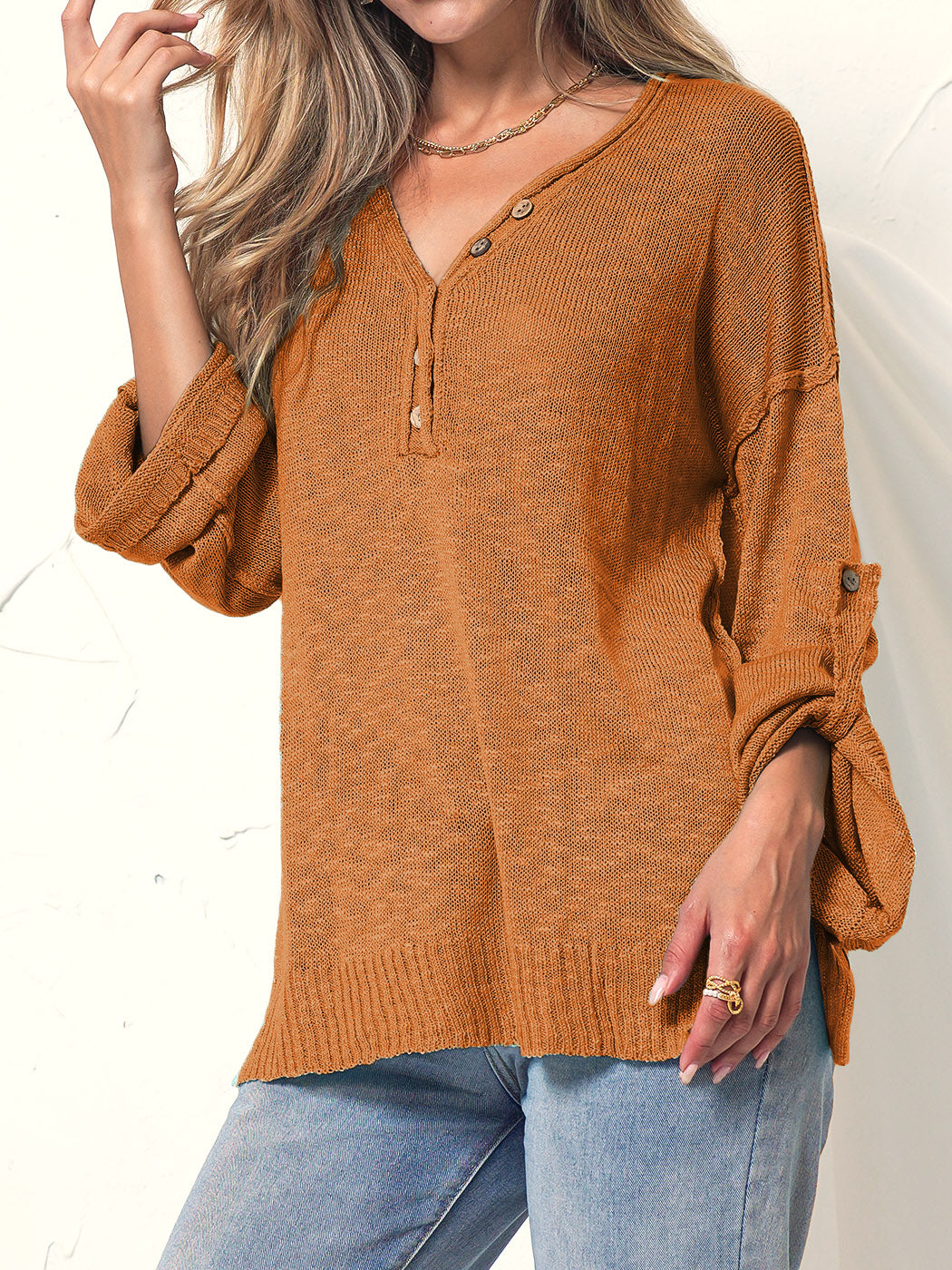 Henley Knit Cuffed Long Sleeve