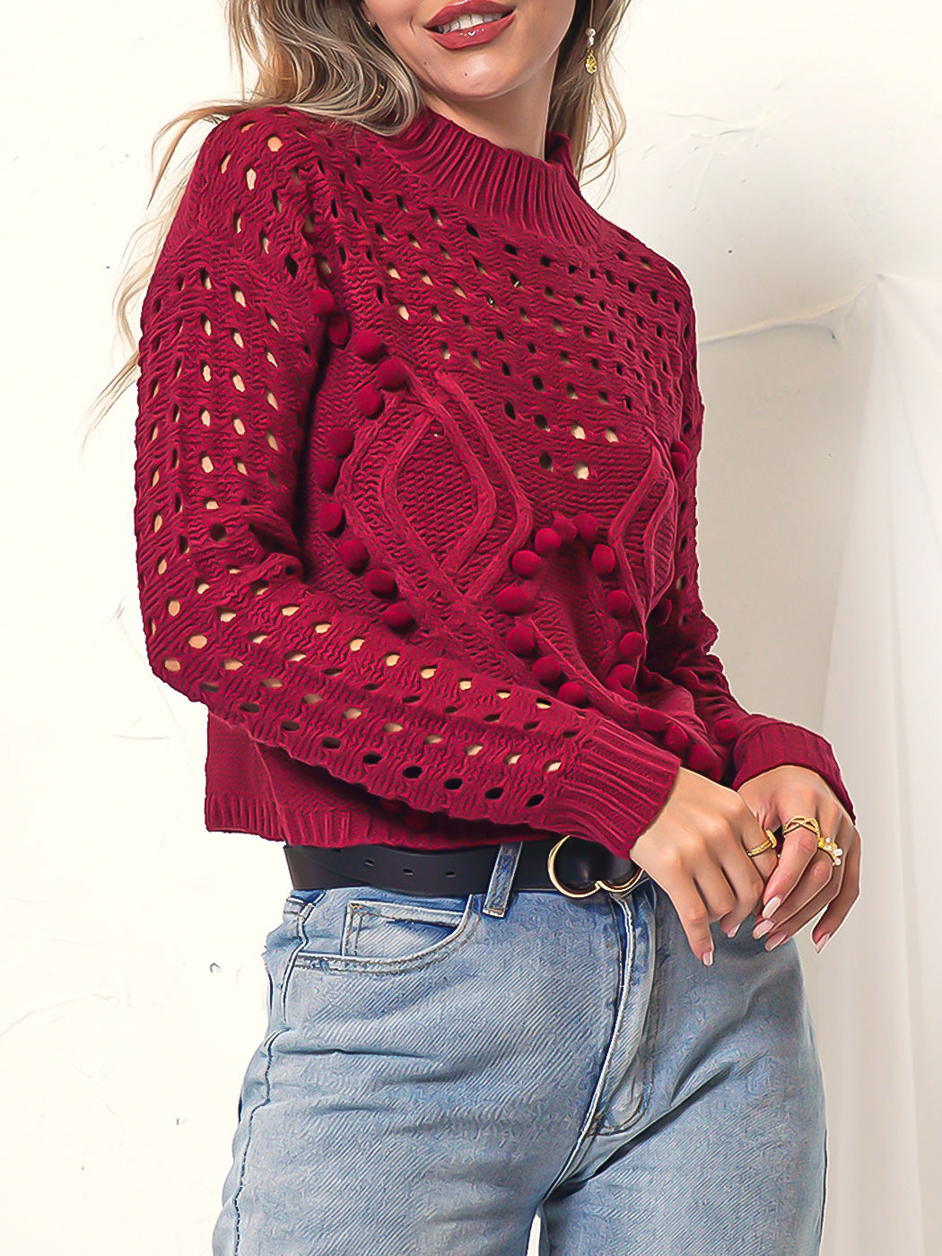 Pom Pom Open Knit Long Sleeve