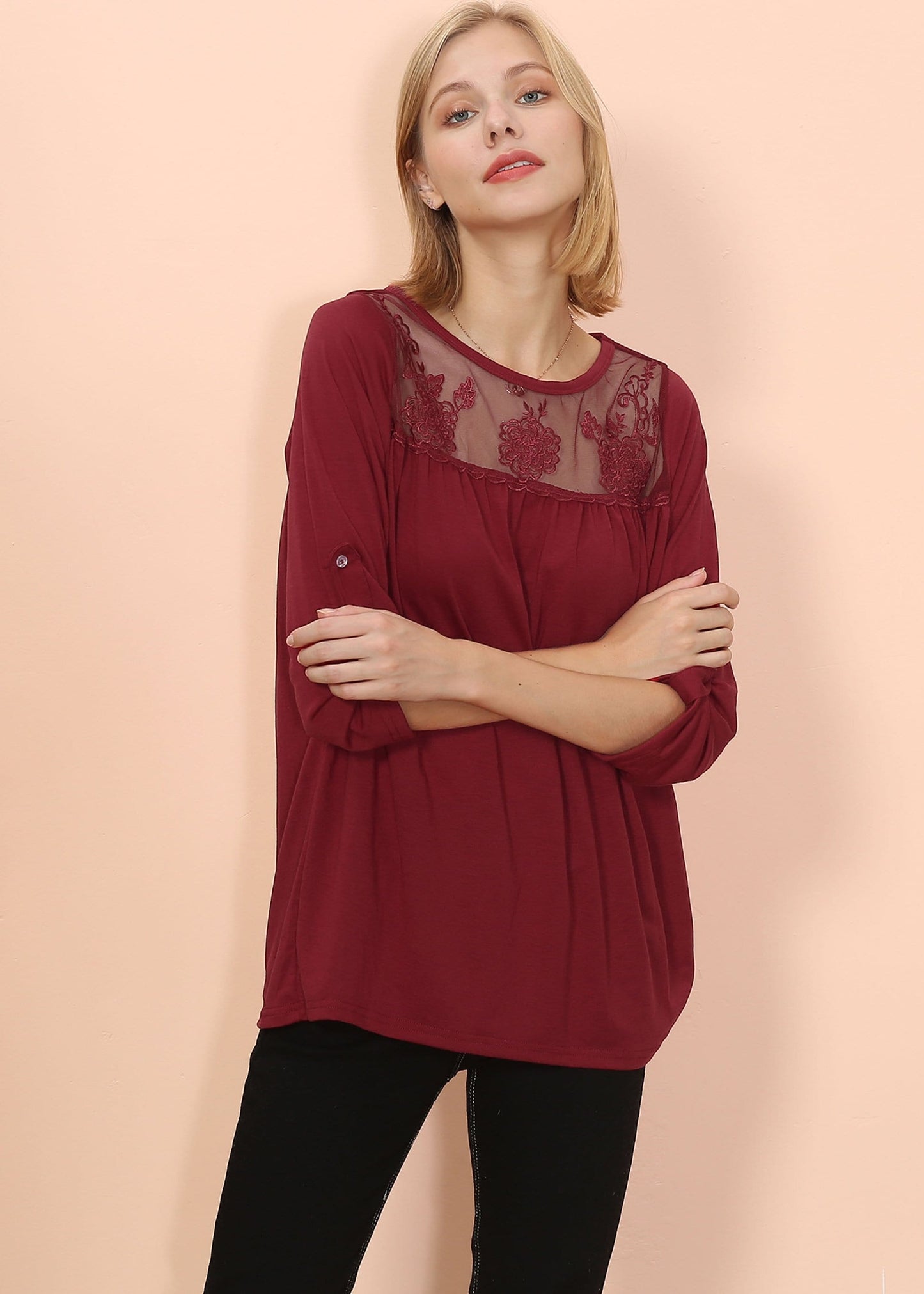 Lace Detail Mid Elbow Blouse