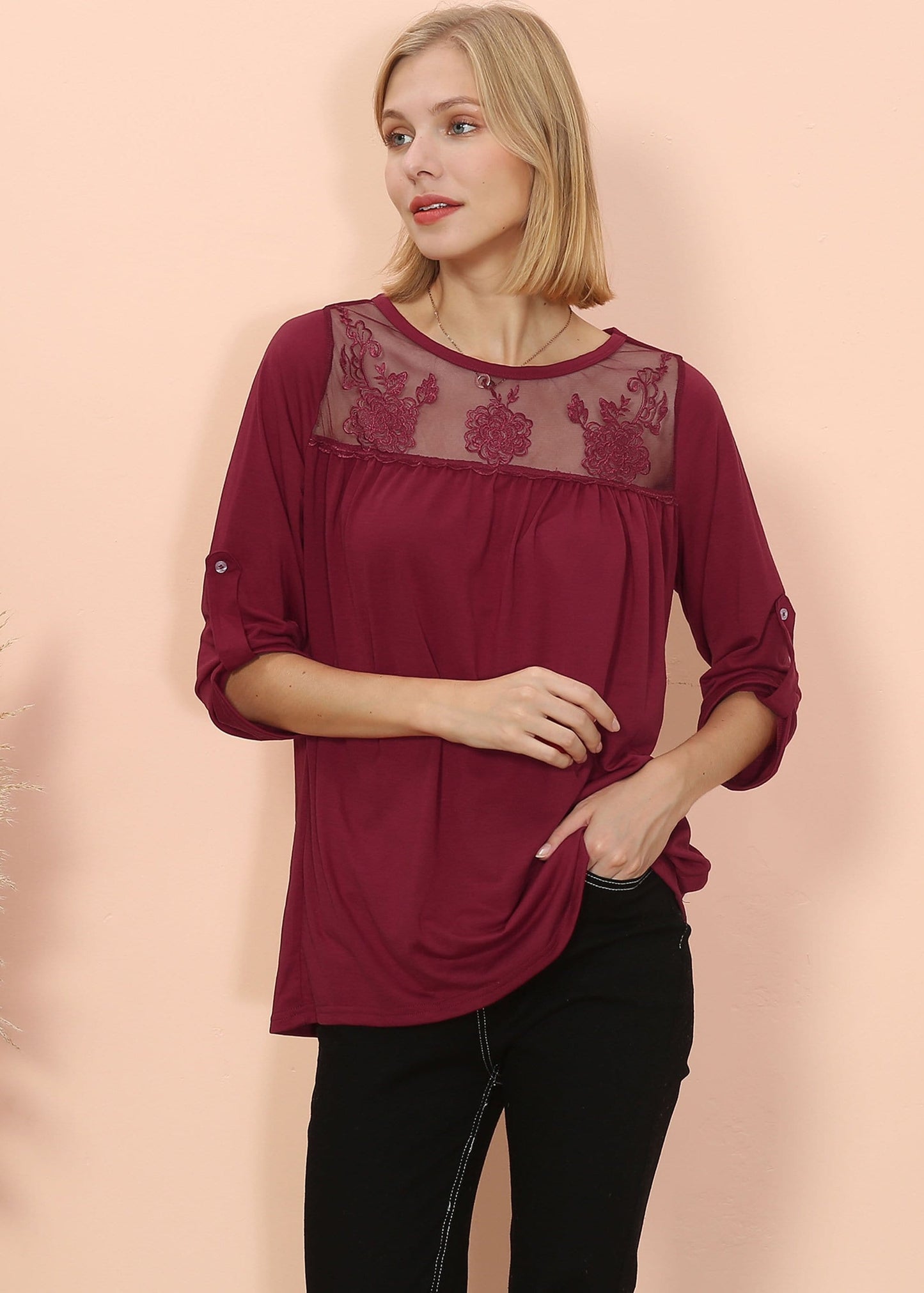 Lace Detail Mid Elbow Blouse