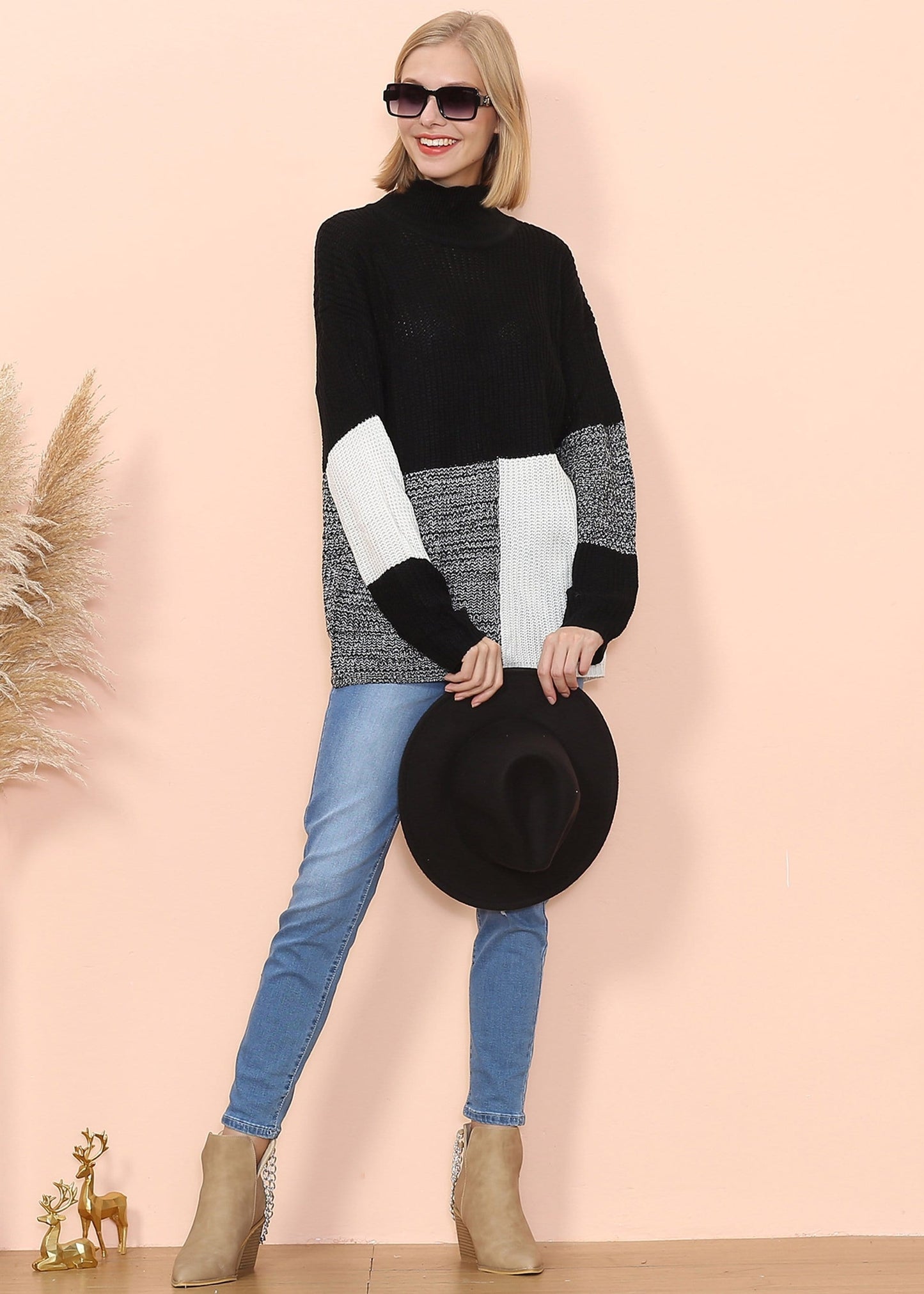 Turtleneck Color Block Knit Sweater