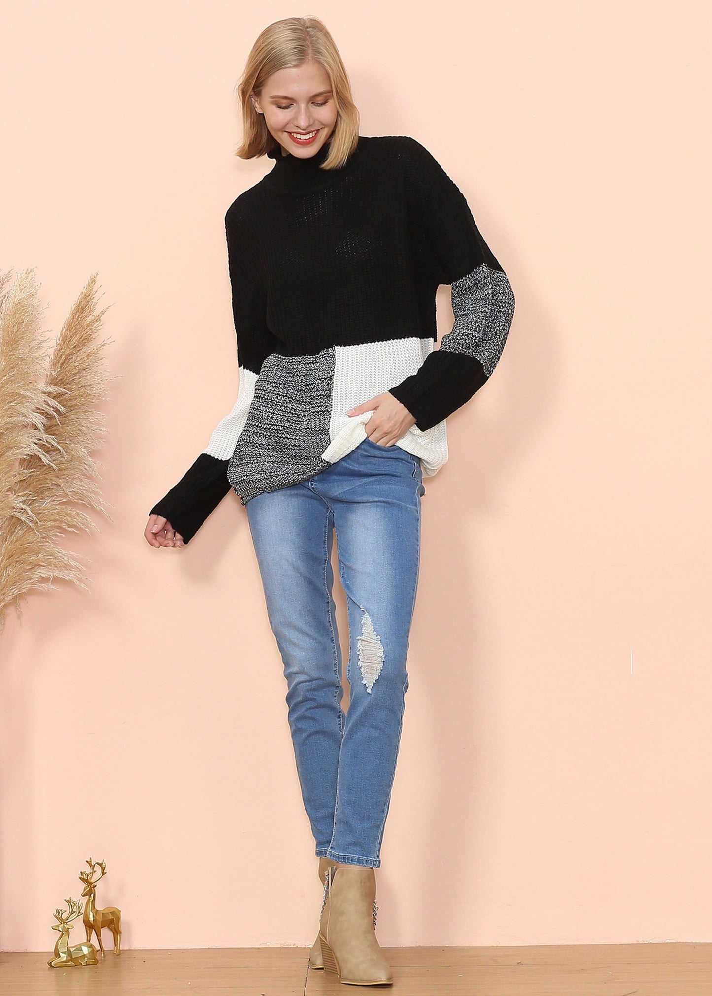 Turtleneck Color Block Knit Sweater