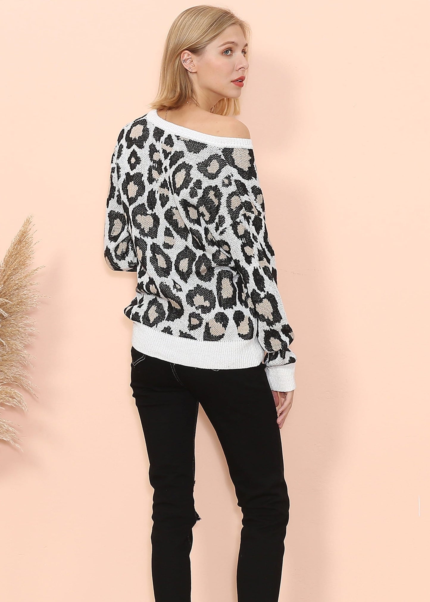 Drop Shoulder Leopard Print Sweater