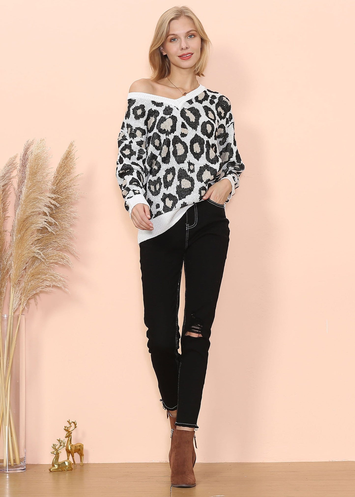 Drop Shoulder Leopard Print Sweater