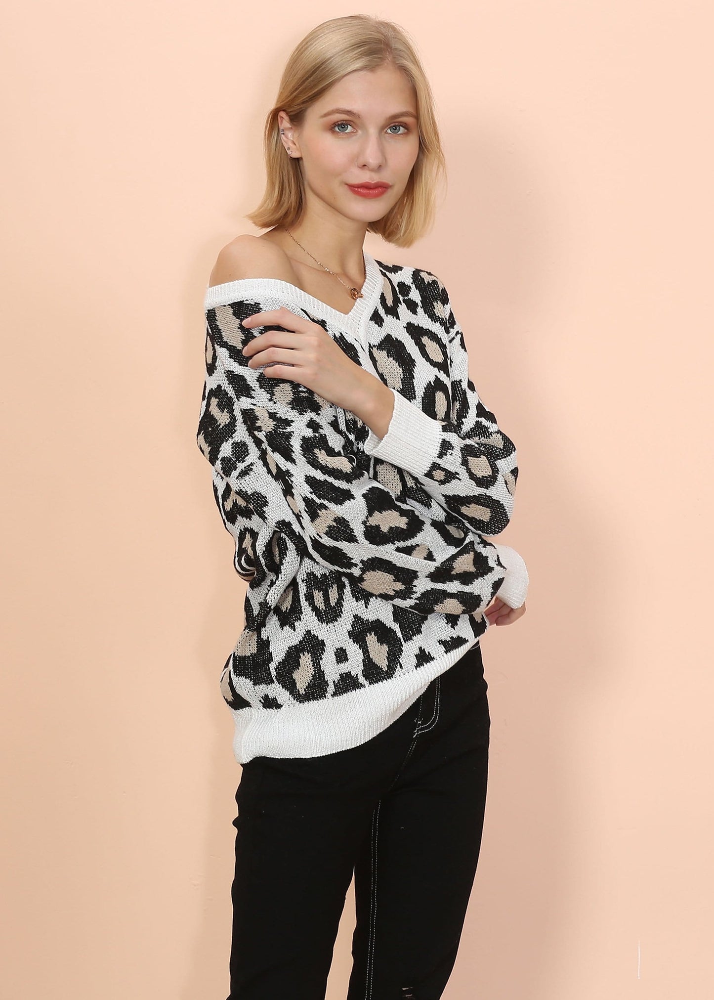 Drop Shoulder Leopard Print Sweater