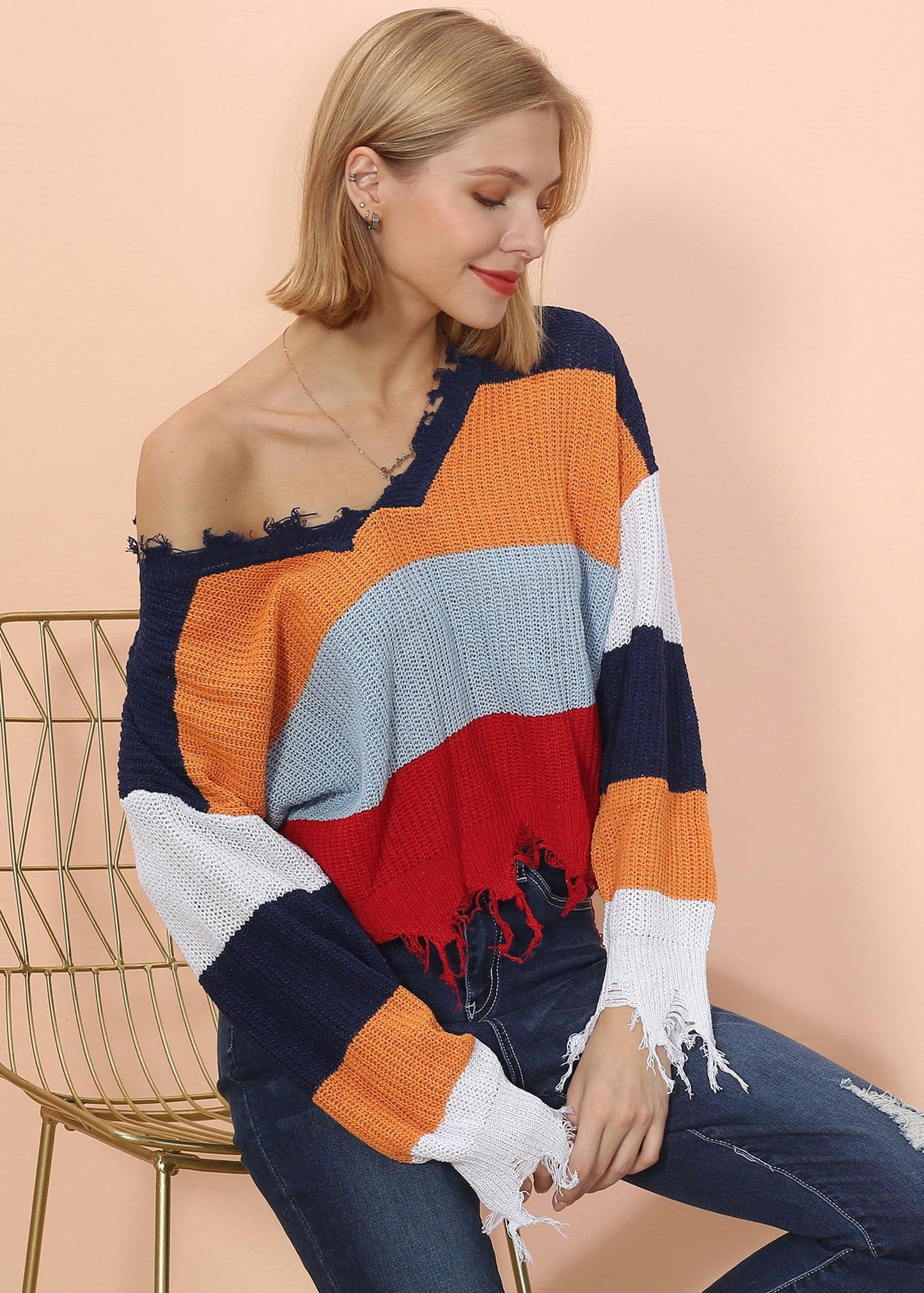 Frayed Hem Color Block Sweater