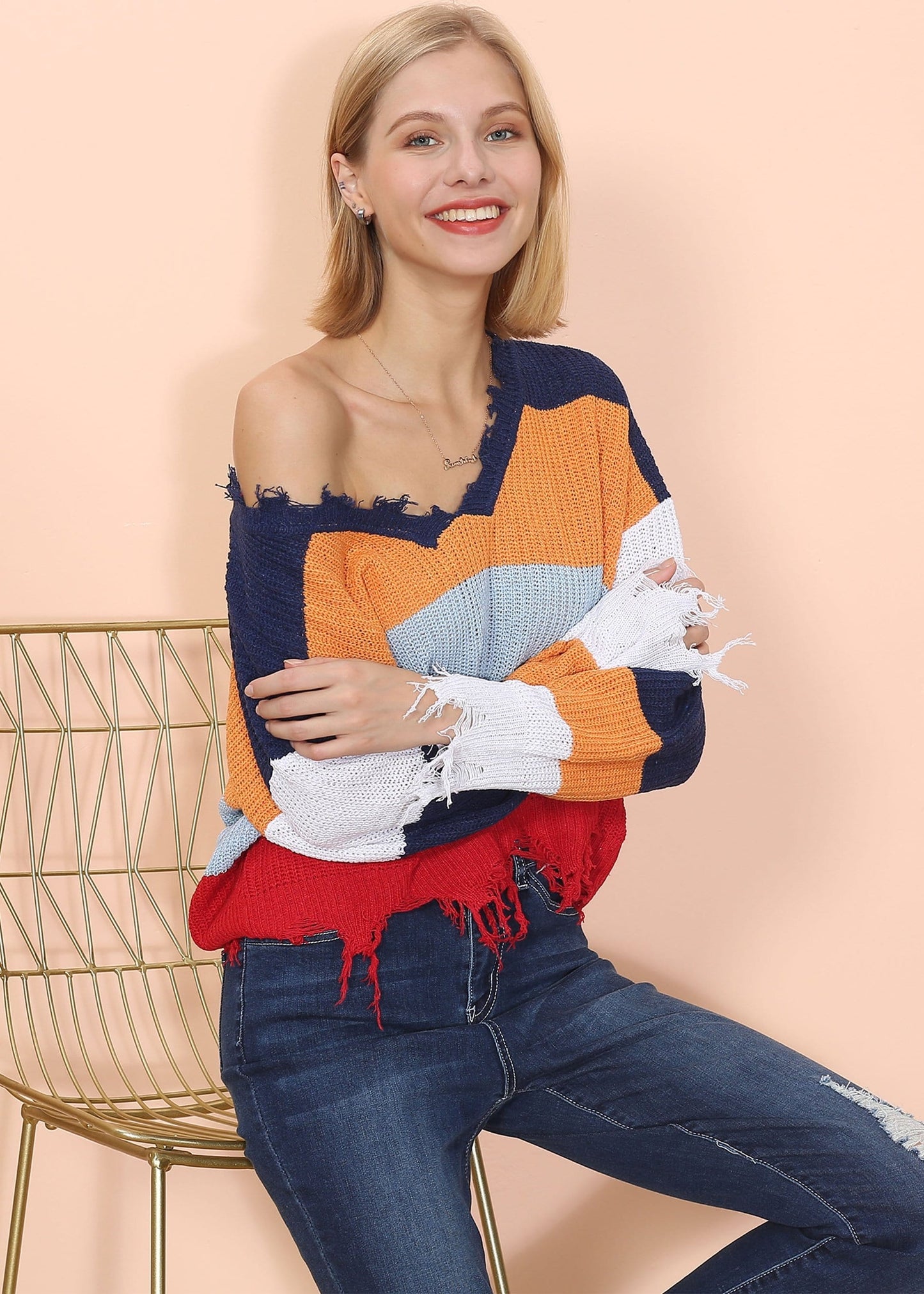 Frayed Hem Color Block Sweater