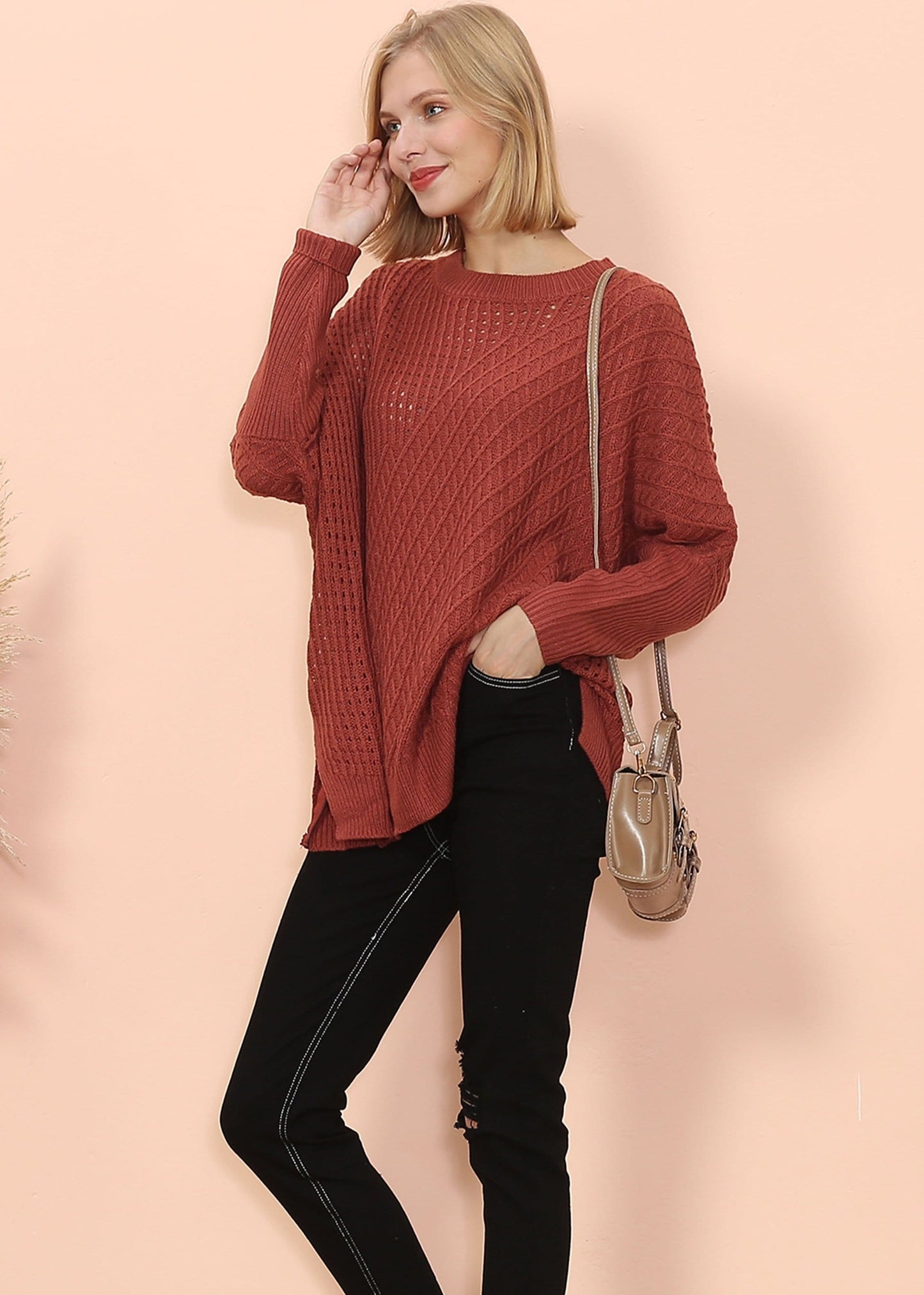 Mixed Knit Zipper Slit Sweater