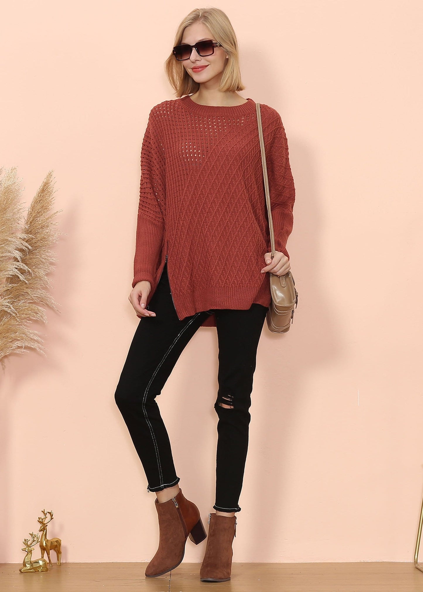 Mixed Knit Zipper Slit Sweater