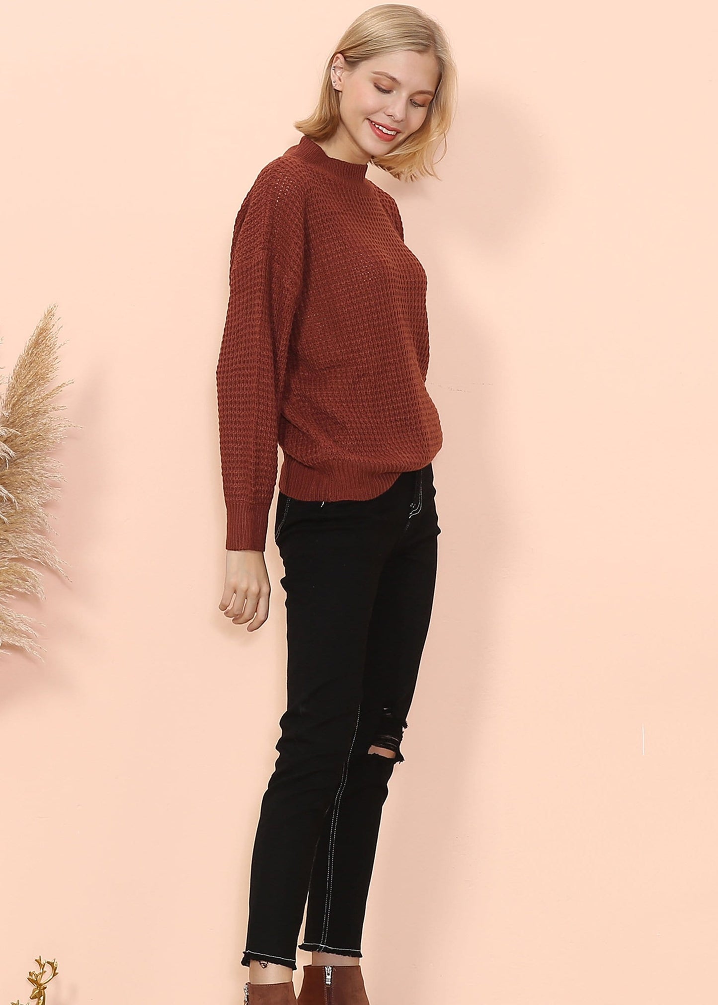 Mock Neck Waffle Knit Sweater