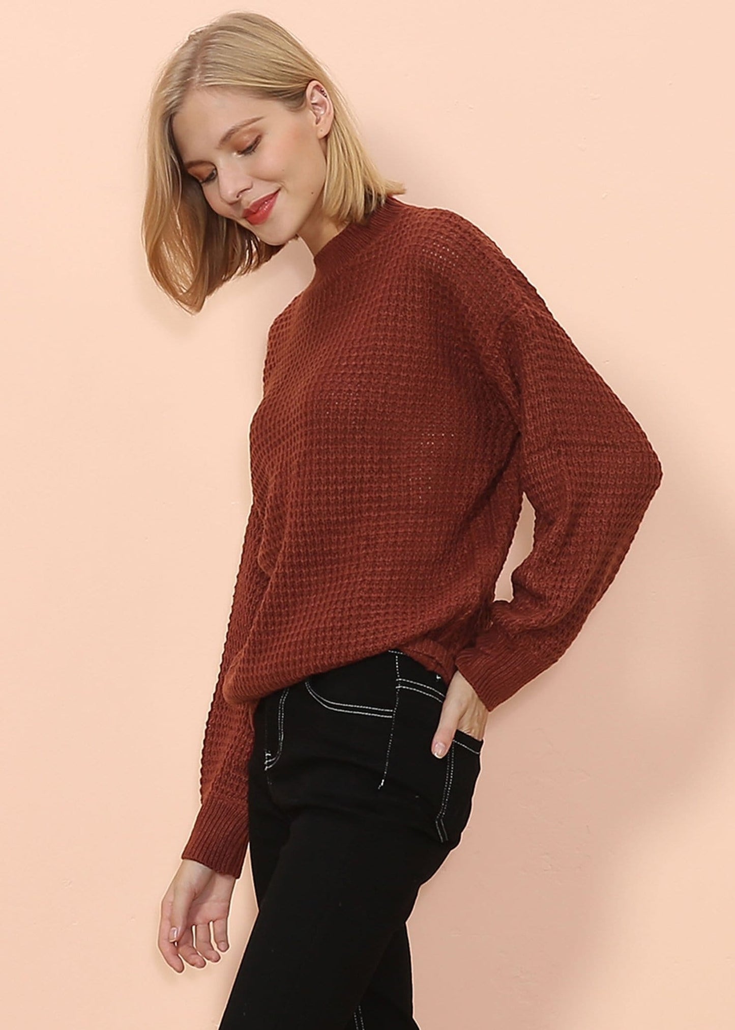 Mock Neck Waffle Knit Sweater