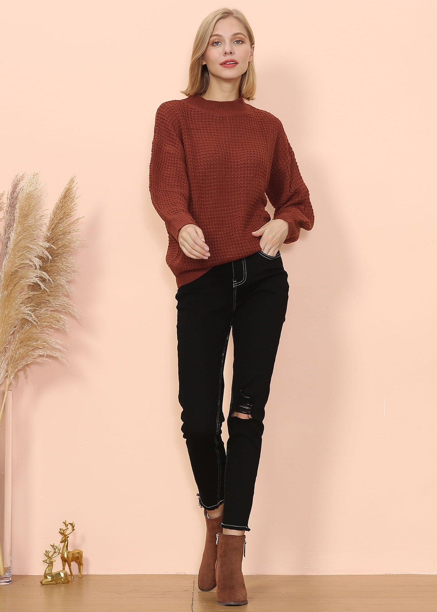 Mock Neck Waffle Knit Sweater