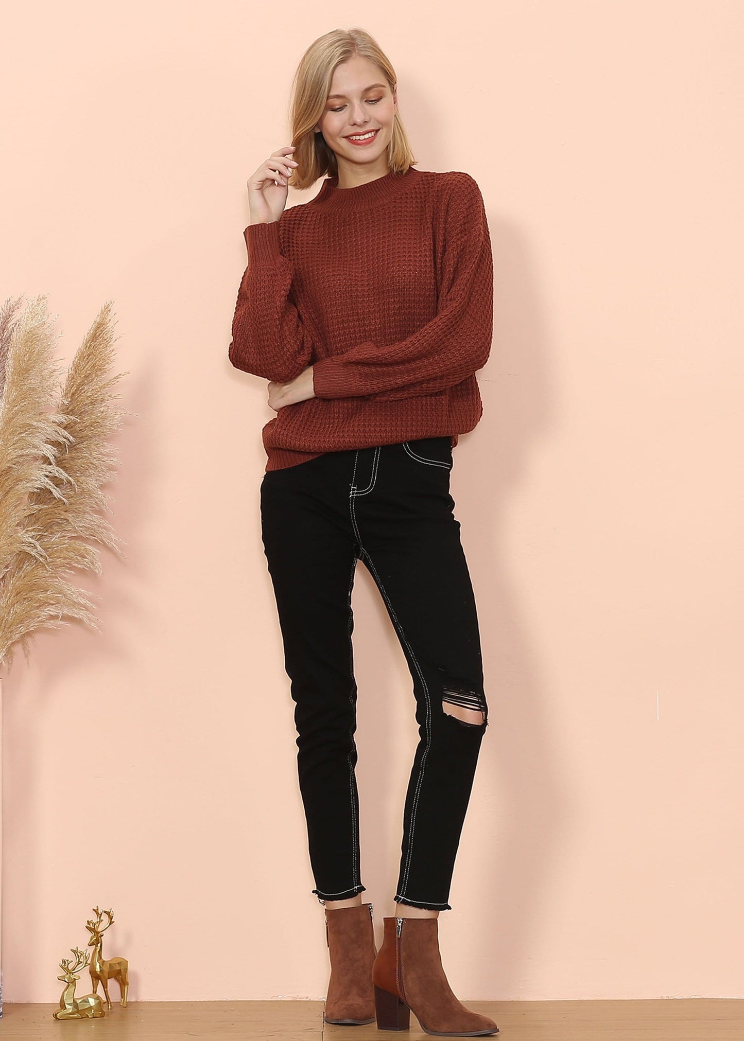 Mock Neck Waffle Knit Sweater