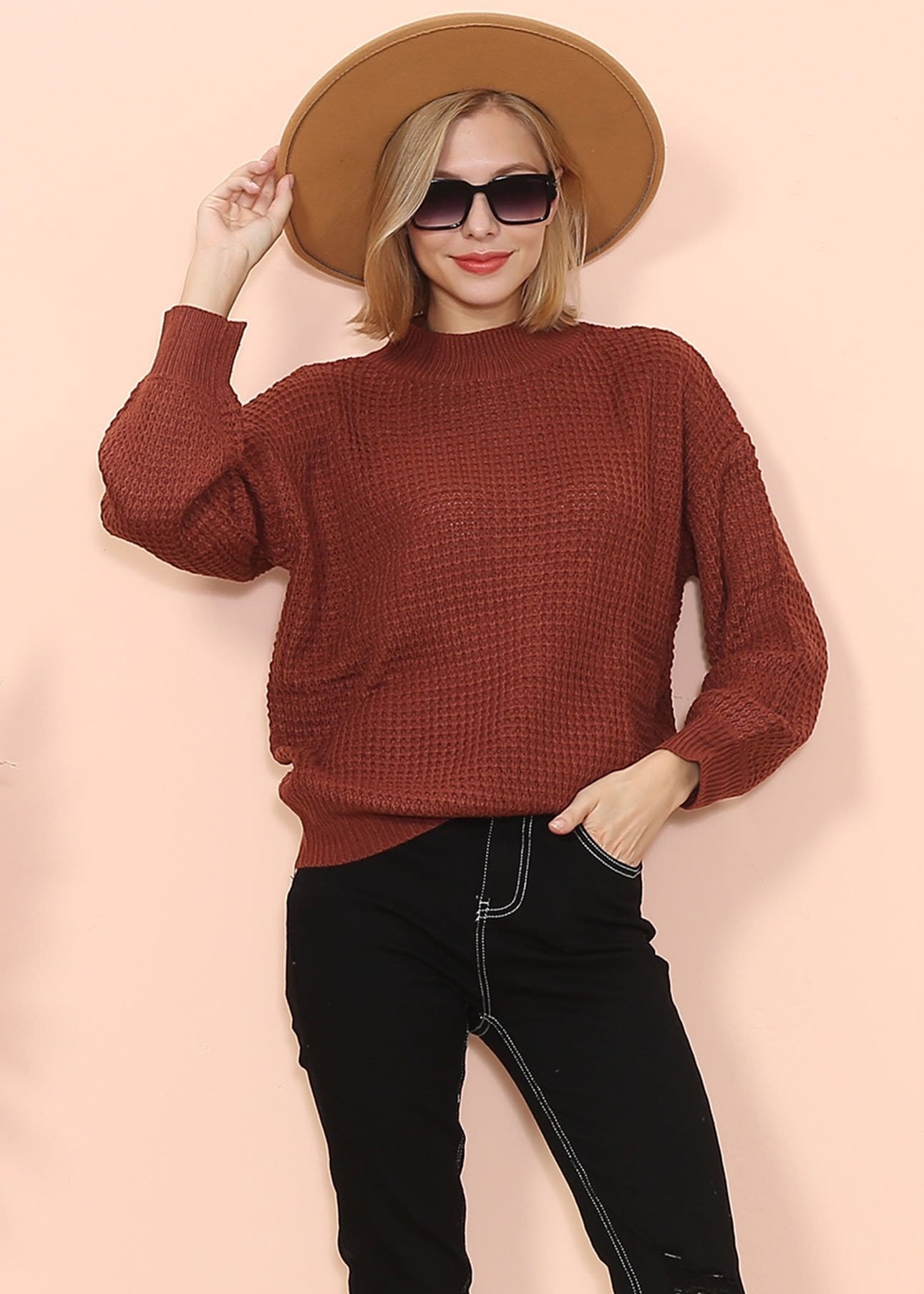 Mock Neck Waffle Knit Sweater