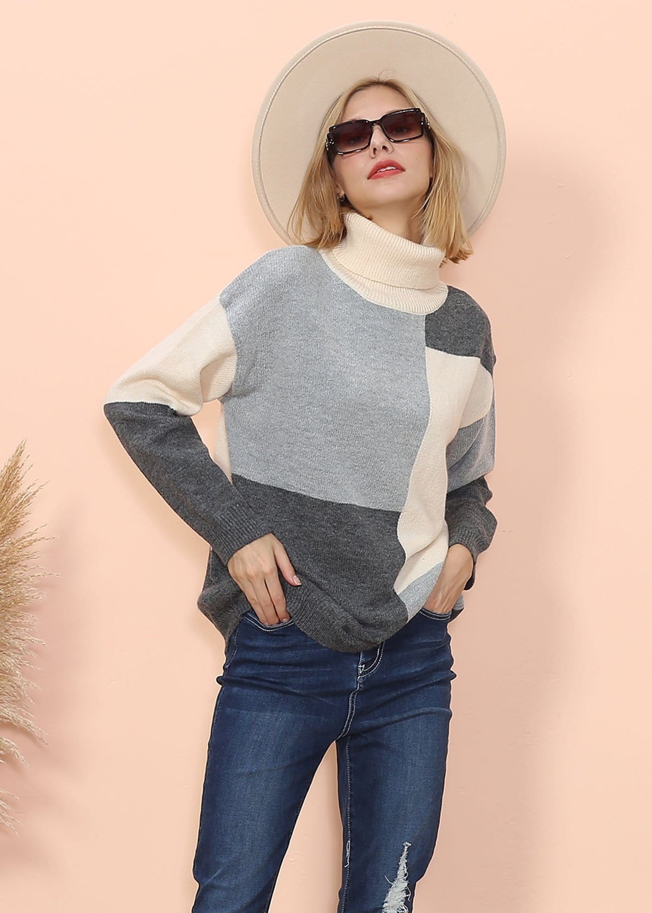 Color Block Front Turtleneck Sweater