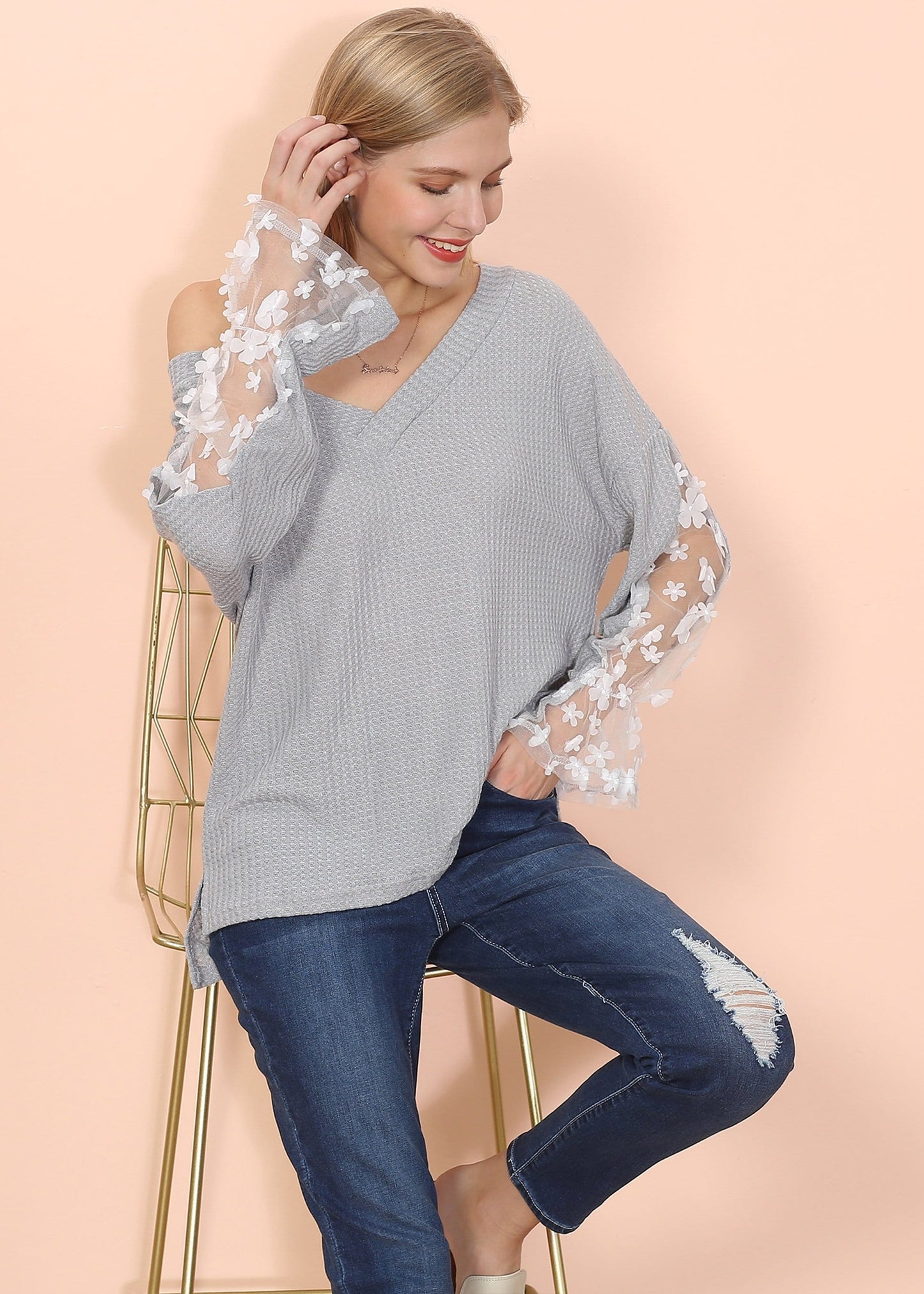 Flower Applique Bishop Sleeve Sweater