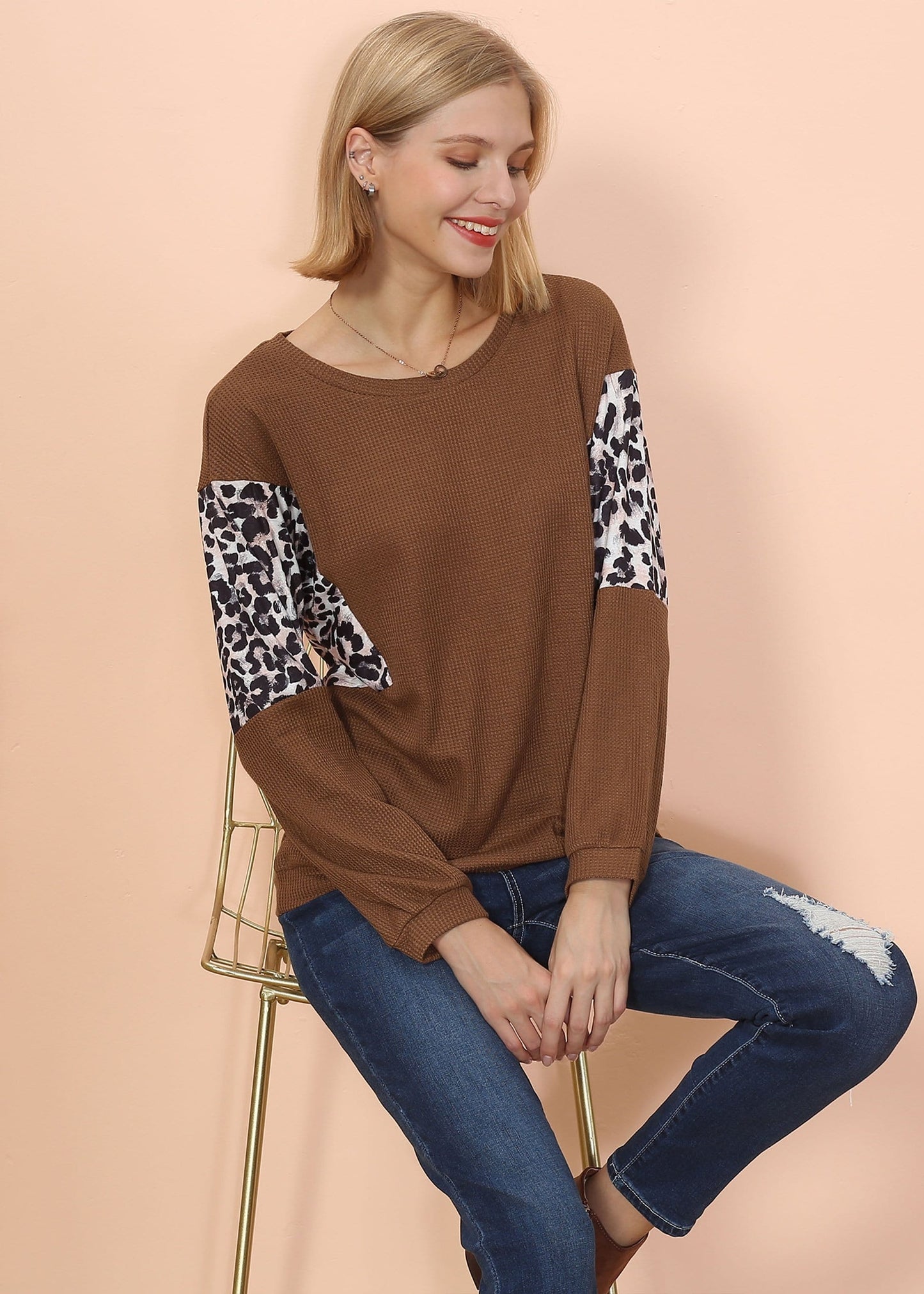 Drop Shoulder Two Tone Leopard Sweater