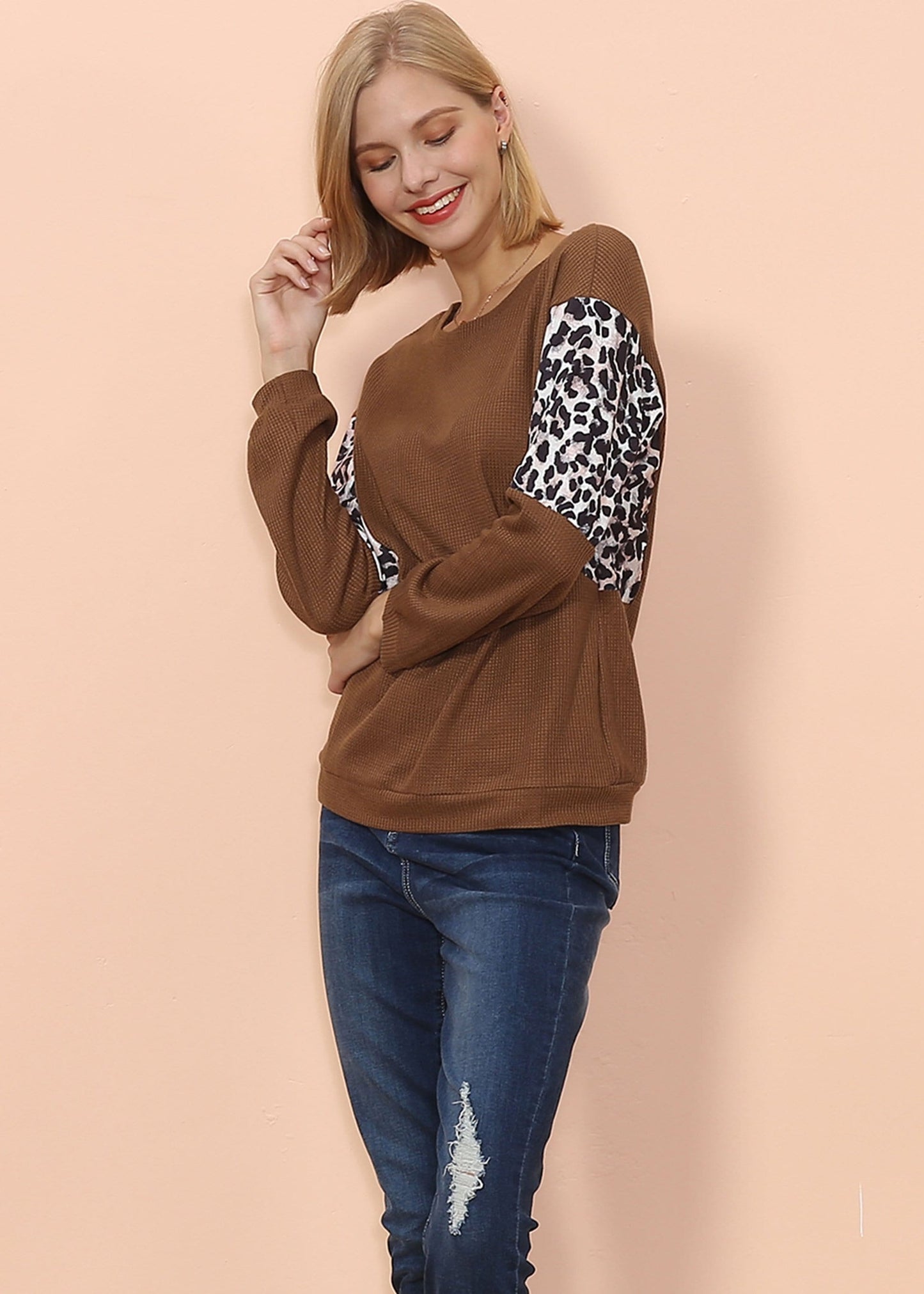 Drop Shoulder Two Tone Leopard Sweater