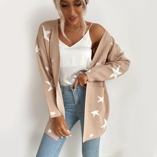 Star Print Open Front Cardigan