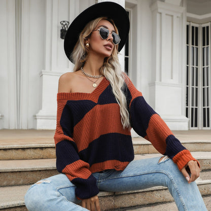 V Neck Striped Fall Sweater