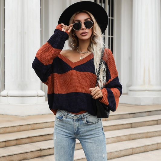 V Neck Striped Fall Sweater