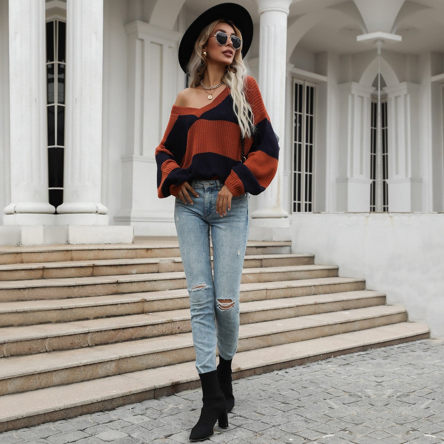 V Neck Striped Fall Sweater