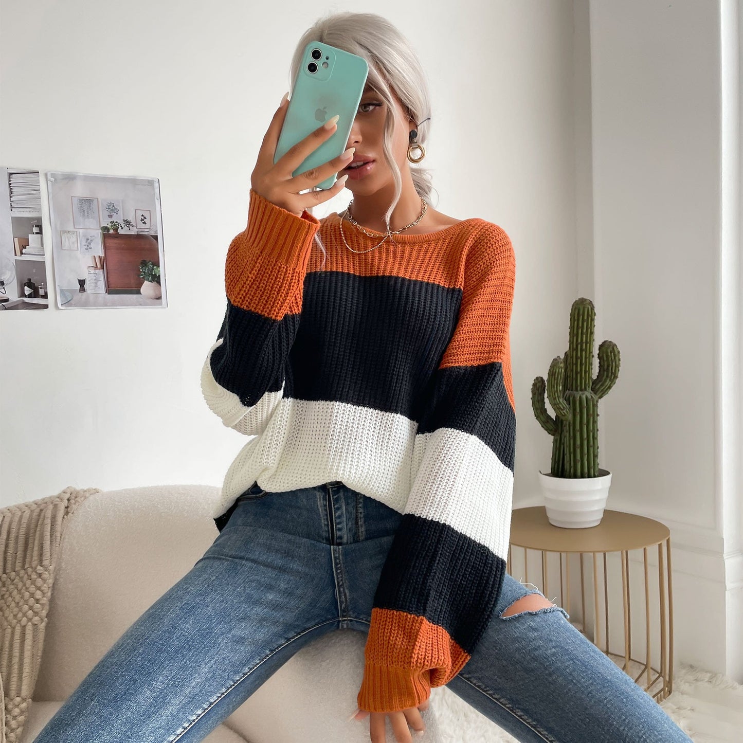 Chunky Color Block Oversized Sweater