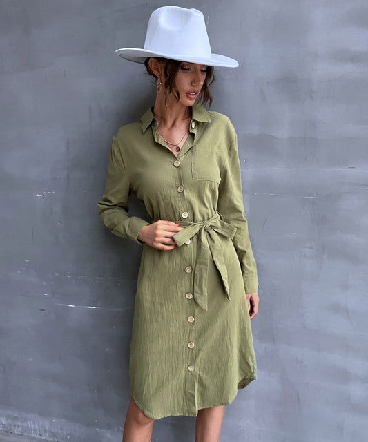 Contrast Button Belted Shirt Dress