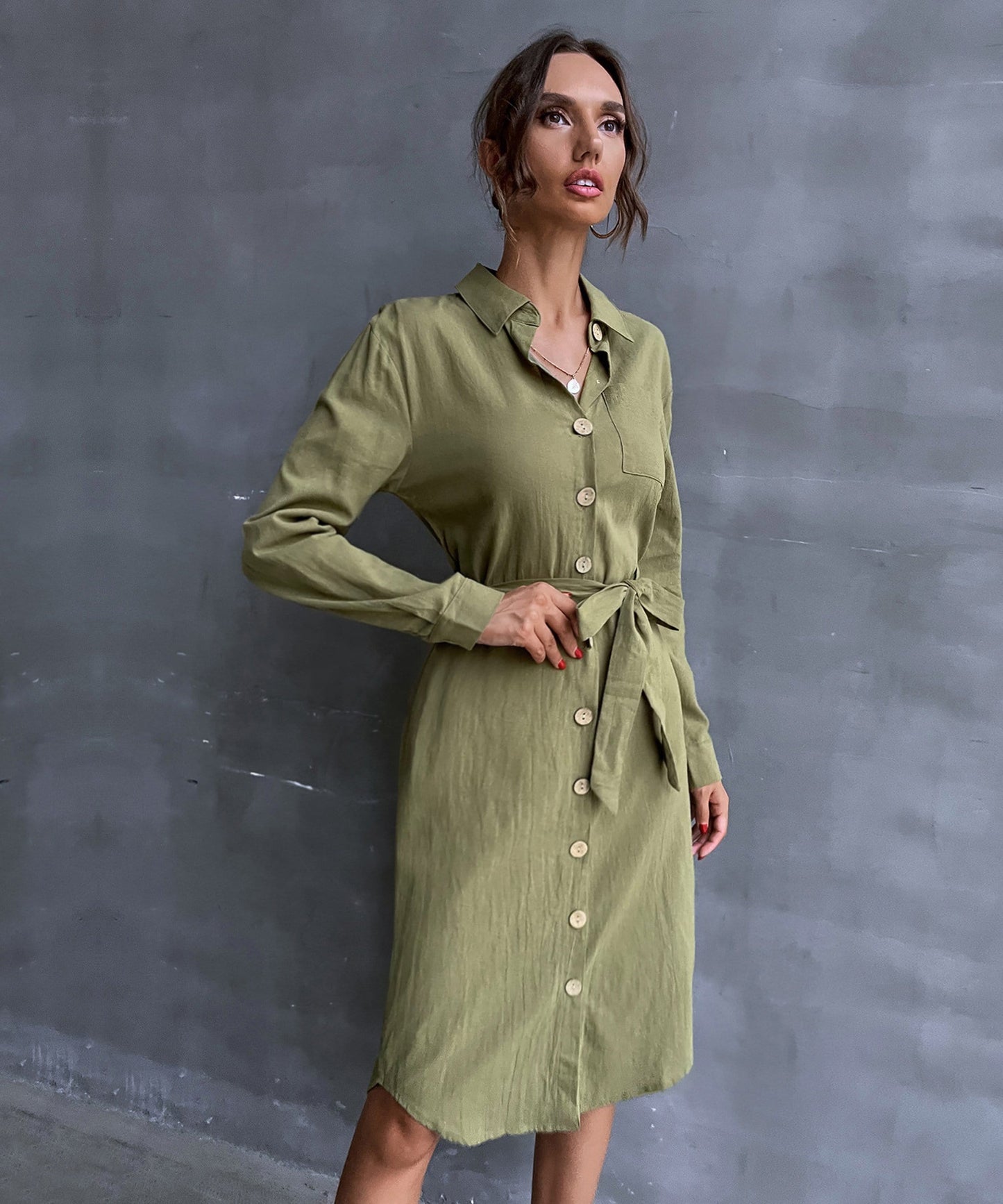 Contrast Button Belted Shirt Dress