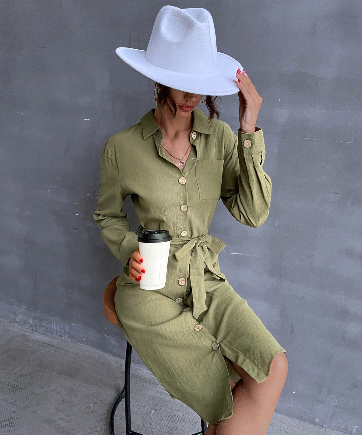 Contrast Button Belted Shirt Dress