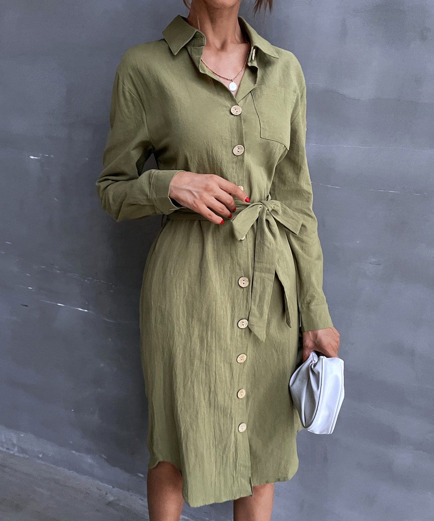 Contrast Button Belted Shirt Dress