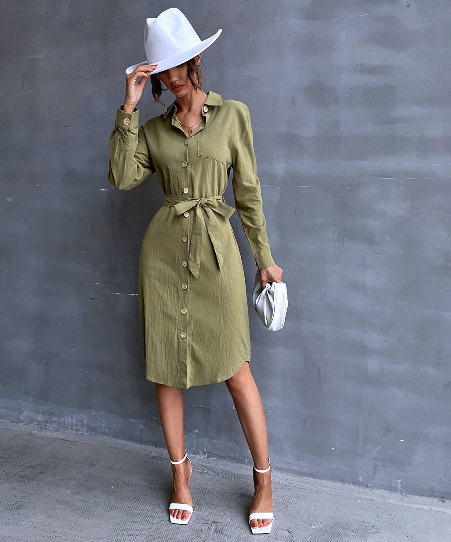 Contrast Button Belted Shirt Dress